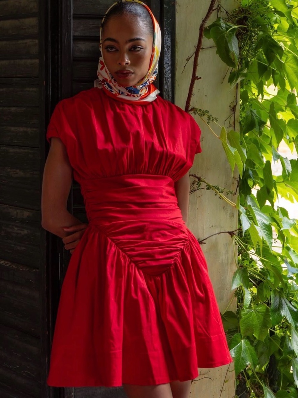 Gathered Red Mini Dress with Ruched Waist